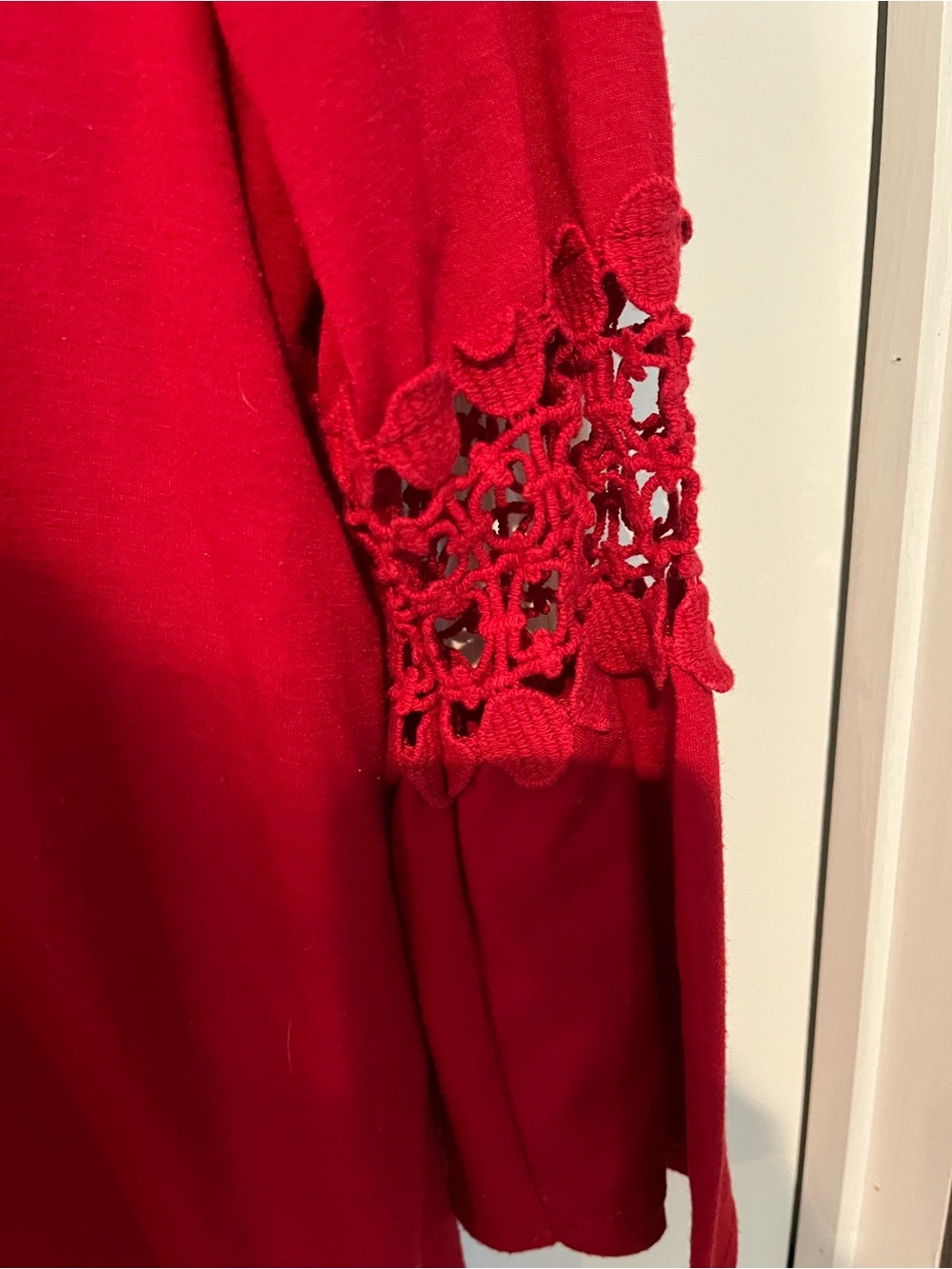 Hannah Red Crochet Lace Sleeve Crewneck Sweater